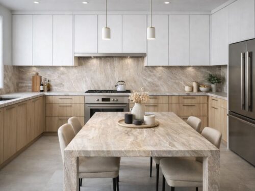 A modern Kitchen with Travertine Sand Countertop