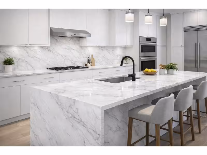 Installed Statuario Platina Porcelain Countertop & Backsplash